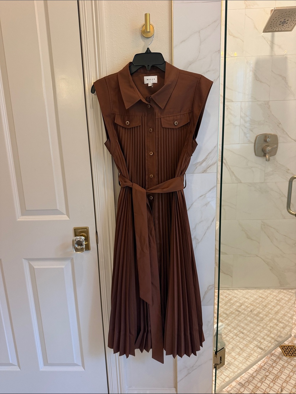 Brown Pleated Shirt Dress with Tie Waist